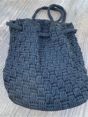 THE SAK Black Crochet Bucket Bag Backpack Drawstring Tote Purse Boho Hippie